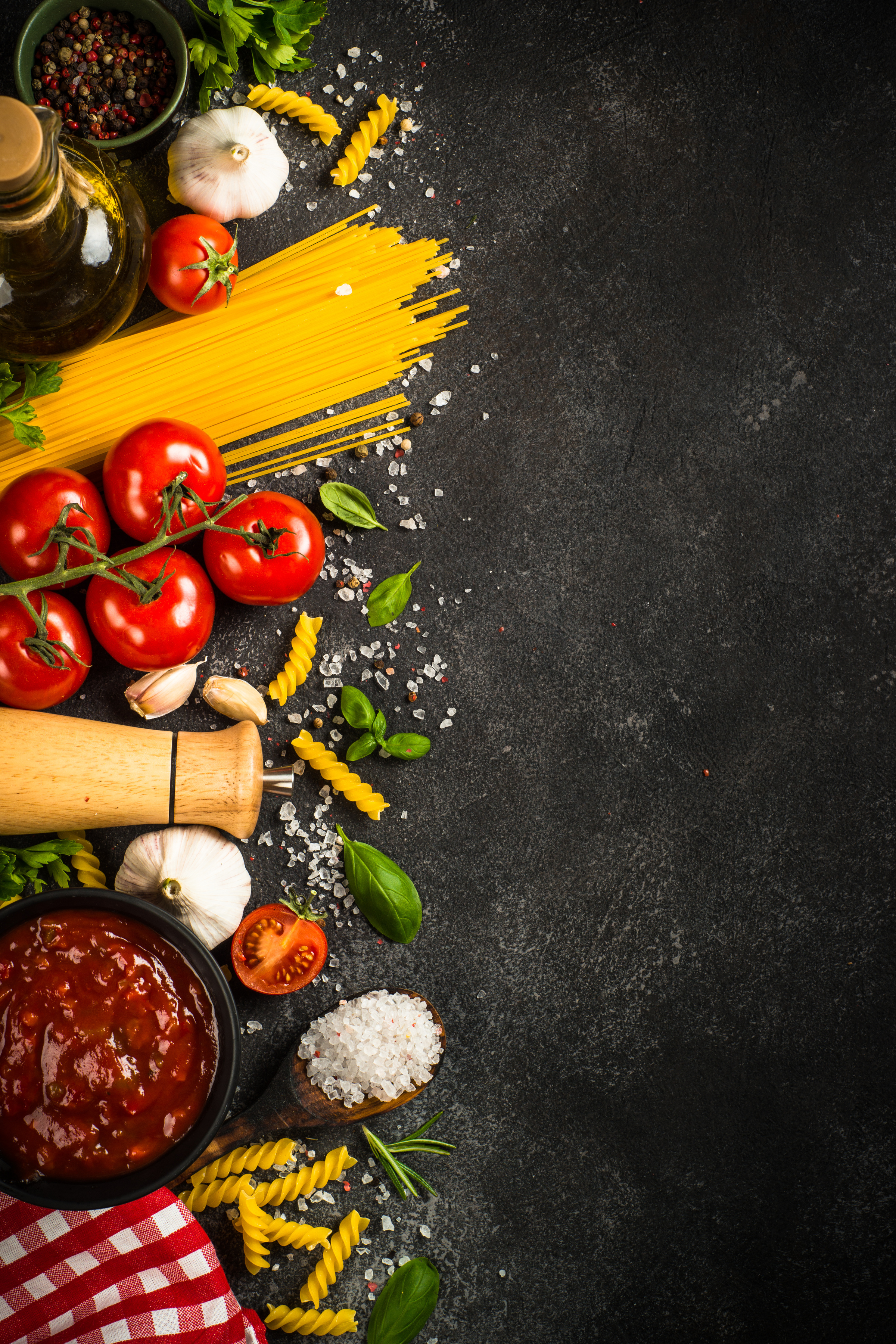 Pasta, Olive Oil, Spices, Basil and Fresh Tomatoes.